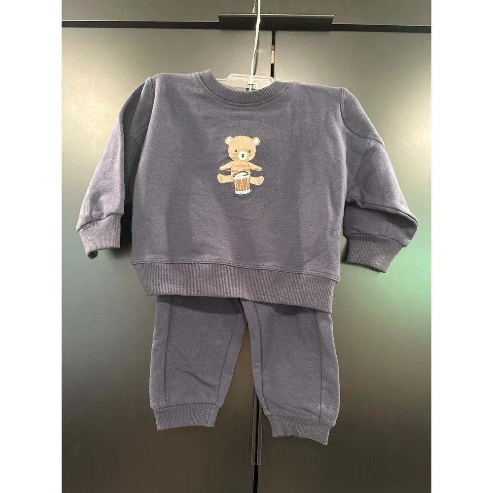 En Fant Navy Teddy Bear Drummer Sweatshirt and Joggers 6M NWT Organic